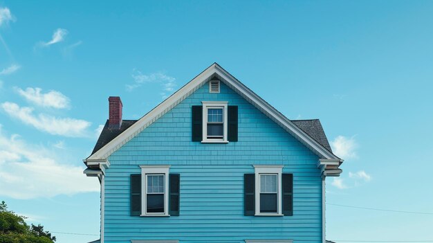 A blissful sky blue house with traditional windows and shutters blends harmoniously into the suburban setting mirroring the clear blue sky above on a tranquil day