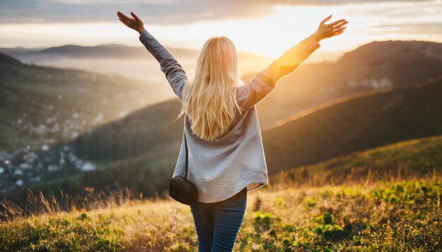 写真 幸せな女性は山の崖の上で自然を抱きしめ 憂慮のない喜びを放つ