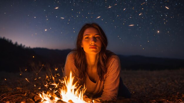 写真 晴れた夜空で星を眺める幸せな女性 射撃の星 線状のキャンプファイア 浮かぶ炭