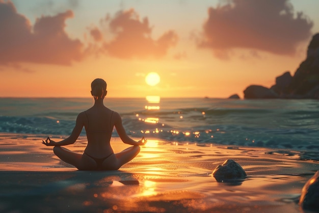 Blissful yoga sessie op een serene strand bij zonsopgang