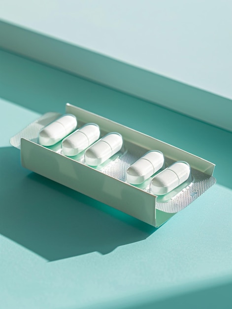 Blister pack of white pills on a pastel blue background with shadows healthcare and medicine concept