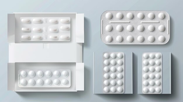 Blister packs with various medicines on a neutral background