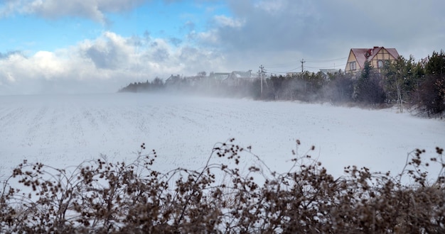 Blizzard en wind op een winterdag in een veld in de buurt van het dorp weer en atmosferische fenomenen