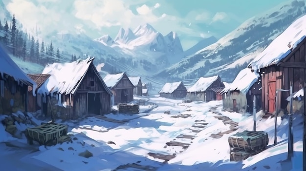 A blizzard in a mountain village Fantasy concept Illustration painting Generative Ai