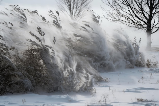 Foto blizzard di neve e ghiaccio turbinano nel vento ricoprendo tutto ciò che è stato creato con l'ia generativa