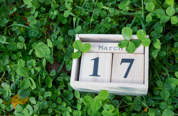 写真 クローバーの緑の芝生で3月17日の聖パトリックの日のブロックカレンダー