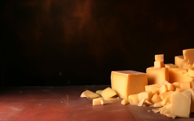 A block of cheese on a cutting board