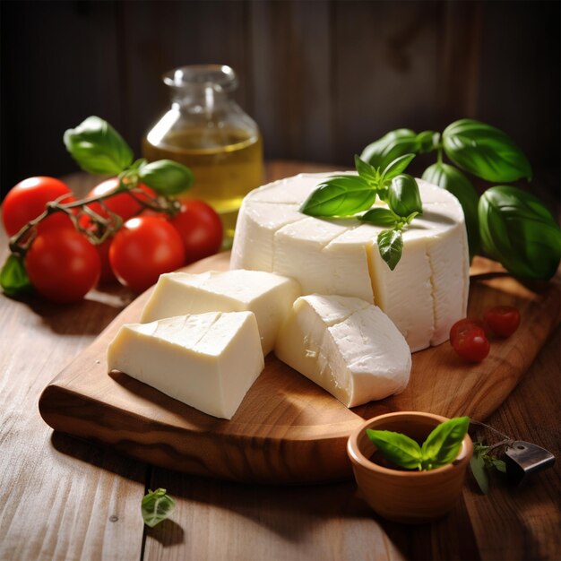 A Block of mozzarella cheese and pieces on wooden Bord