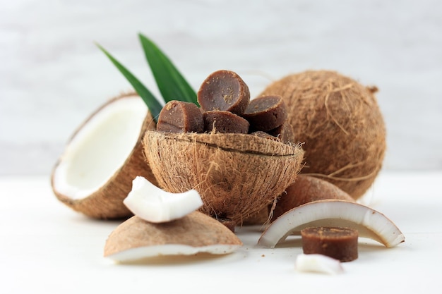 Block Shape Organic Palm Sugar or Gula Kelapa on White Table