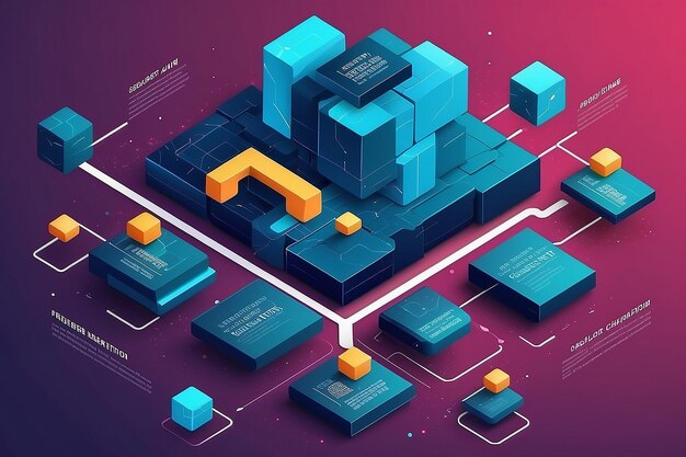 Blockchain concept slider banner design with isometric blocks chain illustration and text vector illustration