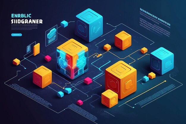 Blockchain concept slider banner design with isometric blocks chain illustration and text vector illustration