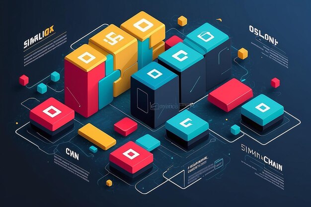 Photo blockchain concept slider banner design with isometric blocks chain illustration and text vector illustration