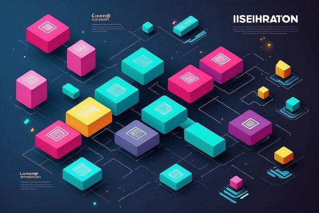 Blockchain concept slider banner design with isometric blocks chain illustration and text vector illustration