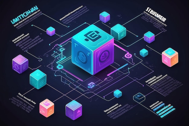 Foto blockchain concept slider banner design con illustrazione di catena di blocchi isometrici e illustrazione vettoriale di testo