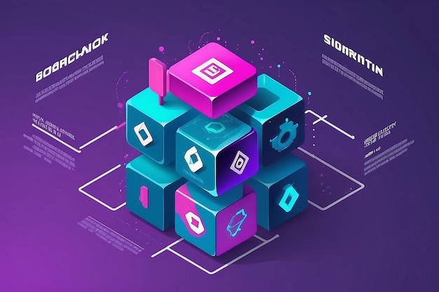 Blockchain concept slider banner design with isometric blocks chain illustration and text vector illustration