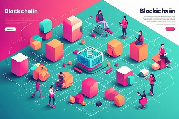 Photo blockchain concept slider banner design with isometric blocks chain illustration and text vector illustration