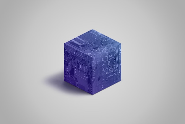 Photo blockchain cube with electronic circuit board texture concept blue block containing hash and data