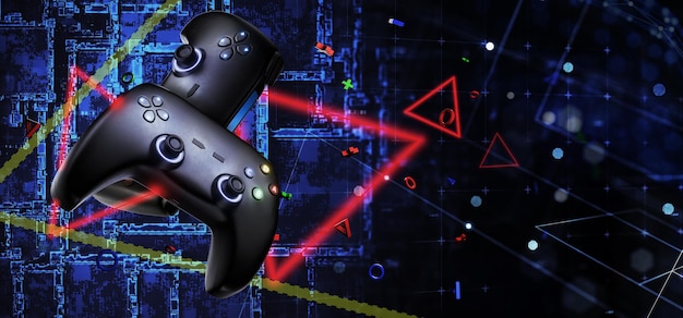Blockchain game concept Gamepad on dark background and empty space for design Esports Video games Gaming joystick on technological background Finance in games 3D rendering