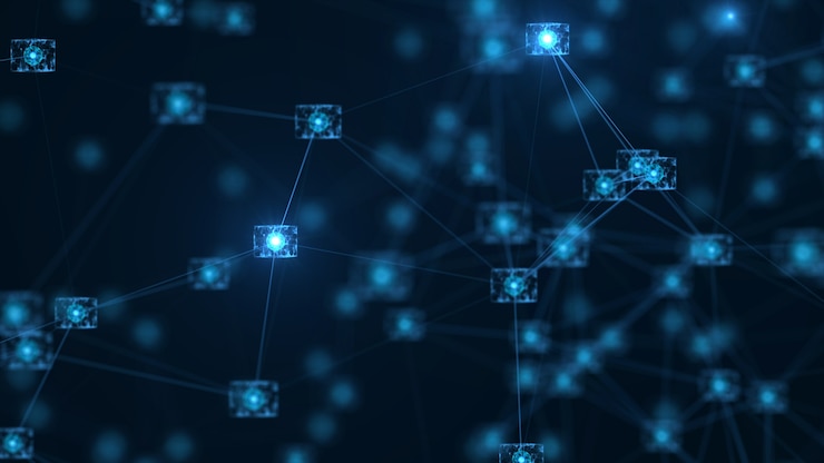 Foto blockchain netwerkconcept. isometrische digitale blokken vierkante code big data-verbinding.