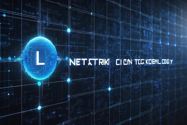블록체인 네트워크 개념 분산 레저 기술 블록 체인 텍스트 및 파란 매트릭스 코딩 된 배경으로 컴퓨터 연결