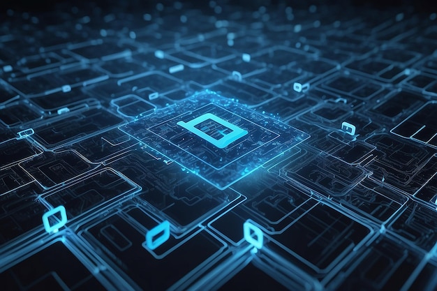 blockchain network concept distributed ledger technology block chain text and computer connection with blue matrix coded background