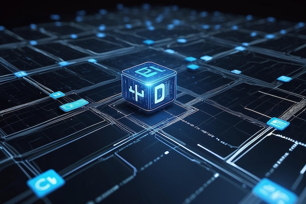 blockchain network concept distributed ledger technology block chain text and computer connection with blue matrix coded background