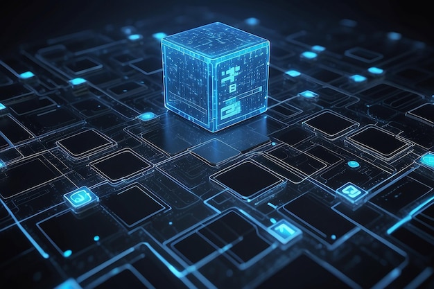 blockchain network concept distributed ledger technology block chain text and computer connection with blue matrix coded background