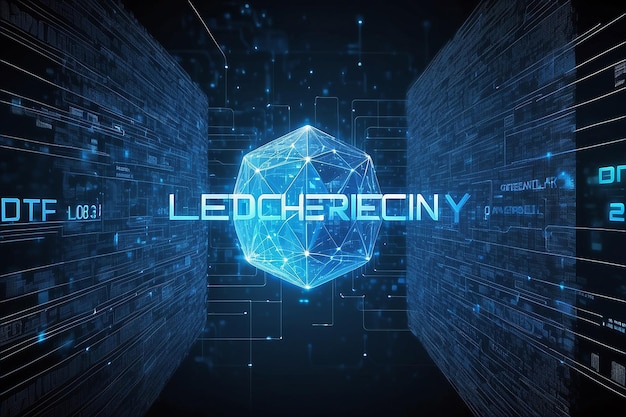 blockchain network concept distributed ledger technology block chain text and computer connection with blue matrix coded background