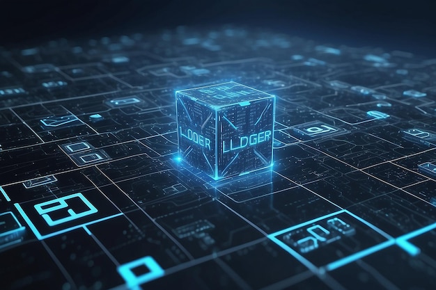 blockchain network concept distributed ledger technology block chain text and computer connection with blue matrix coded background