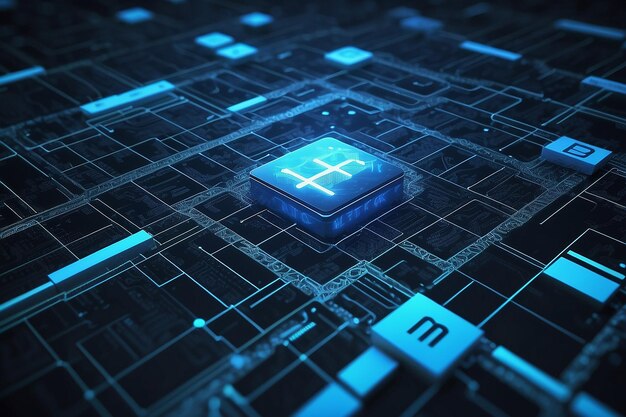 blockchain network concept distributed ledger technology block chain text and computer connection with blue matrix coded background