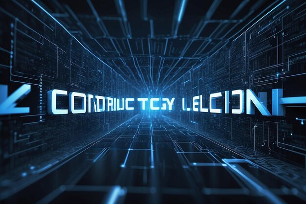 区块链网络概念 分布式账本技术 区块链文本和计算机连接与蓝色矩阵编码背景