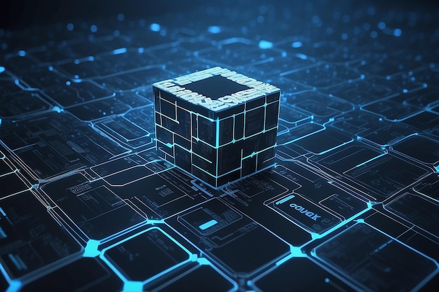 blockchain network concept distributed ledger technology block chain text and computer connection with blue matrix coded background