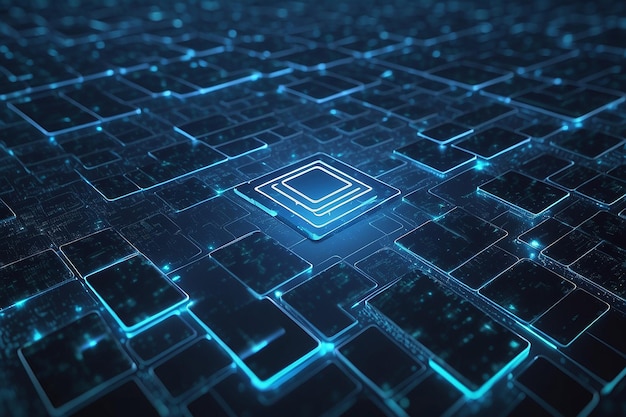 blockchain network concept distributed ledger technology block chain text and computer connection with blue matrix coded background