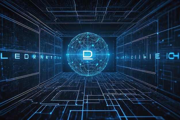 blockchain network concept distributed ledger technology block chain text and computer connection with blue matrix coded background