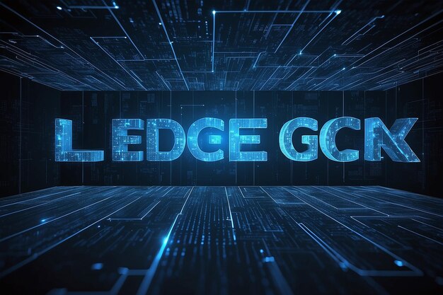 blockchain network concept distributed ledger technology block chain text and computer connection with blue matrix coded background