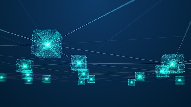 ブロックチェーンネットワークの概念分散型台帳テクノロジーとのアイソメトリックデジタルブロックスクエアコードビッグデータ接続暗号通貨ファイナンスビジネス