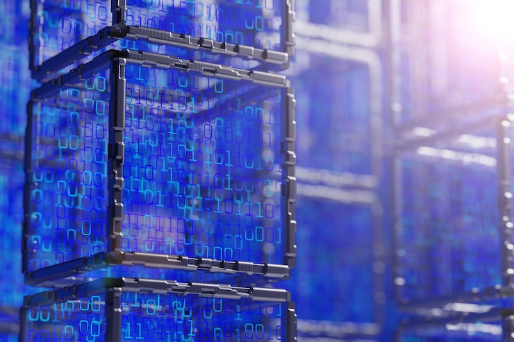 Photo blockchain network data stream cube with binary code abstract tech background abstract space background digital technology background computer code 3d rendering