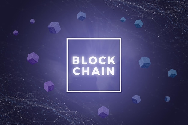 Blockchain network illustration with text in frame and blocks\
around network threads in background