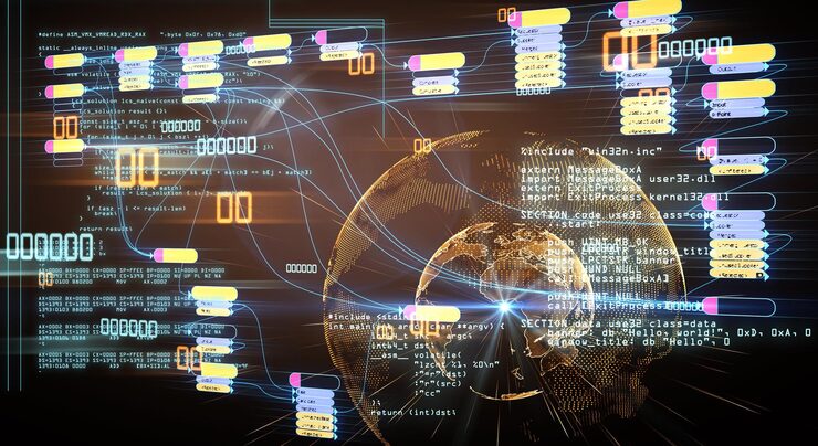 Photo blockchain and programming concept with node base programming and binary code