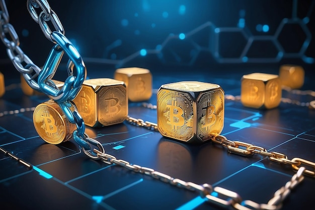 Foto blockchain technologie concept met een keten van gecodeerde blokken en persoon in de achtergrond fintech financiële cryptocurrency zoals bitcoin