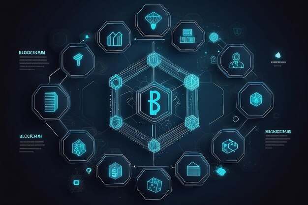 Foto blockchain-technologie met iconen hoe blockchain werkt abstracte zeshoekige achtergrond