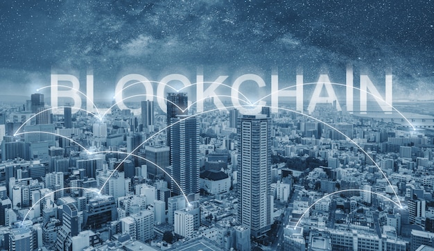 Blockchain-technologie, stadsgezicht en verbindingen koppelen