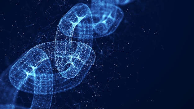 Photo blockchain technology abstract concept polygons are connected in a chain on a dark blue background