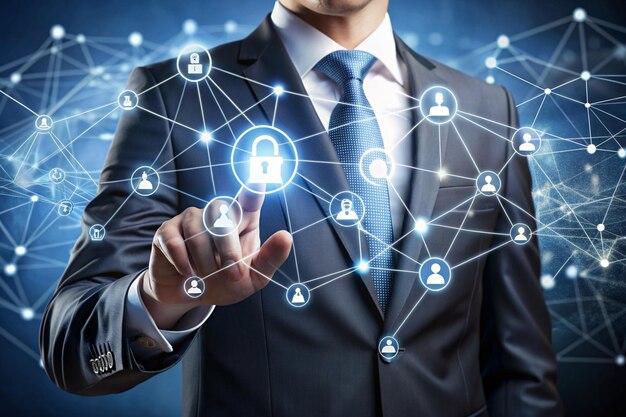 blockchain technology businessman touch blockchain icon on structure global network chain of encrypted blocks to secure of business data information of global connected security binary coded