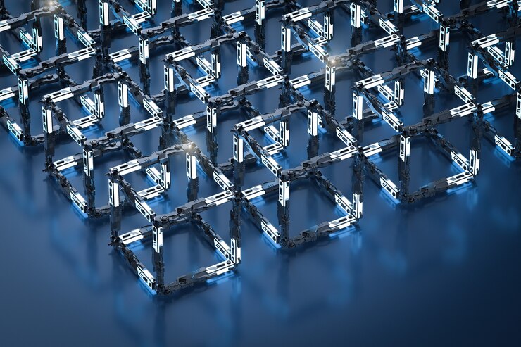Photo blockchain technology concept with 3d rendering blocks connection