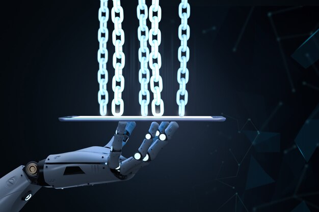 Blockchain Technology concept with 3d rendering robot arm with chain on tablet computer