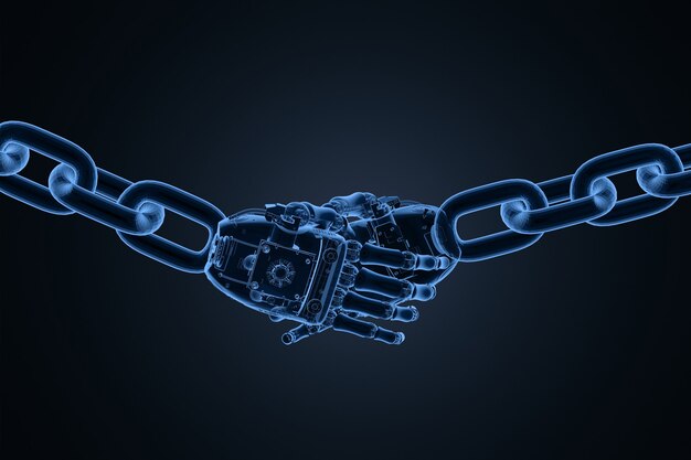 Blockchain Technology concept with 3d rendering x-ray robot hand shake