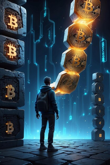 Blockchain technology concept with a chain of encrypted blocks and person in background fintech financial cryptocurrency such as bitcoin