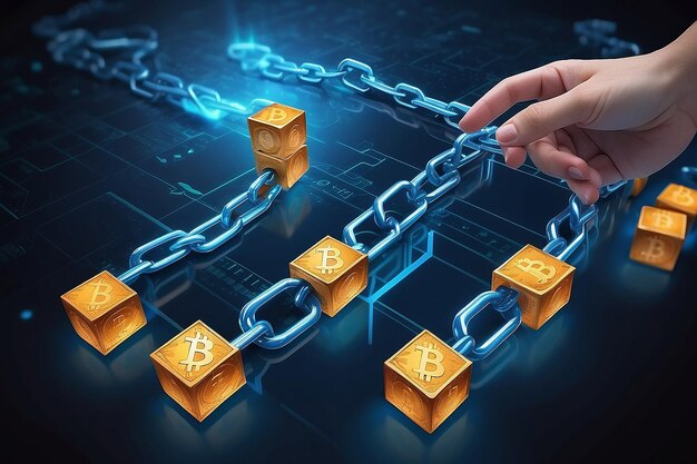 Photo blockchain technology concept with a chain of encrypted blocks and person in background fintech financial cryptocurrency such as bitcoin