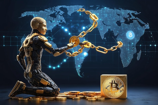 Foto il concetto di tecnologia blockchain con una catena di blocchi crittografati e una persona sullo sfondo delle criptovalute finanziarie fintech come bitcoin